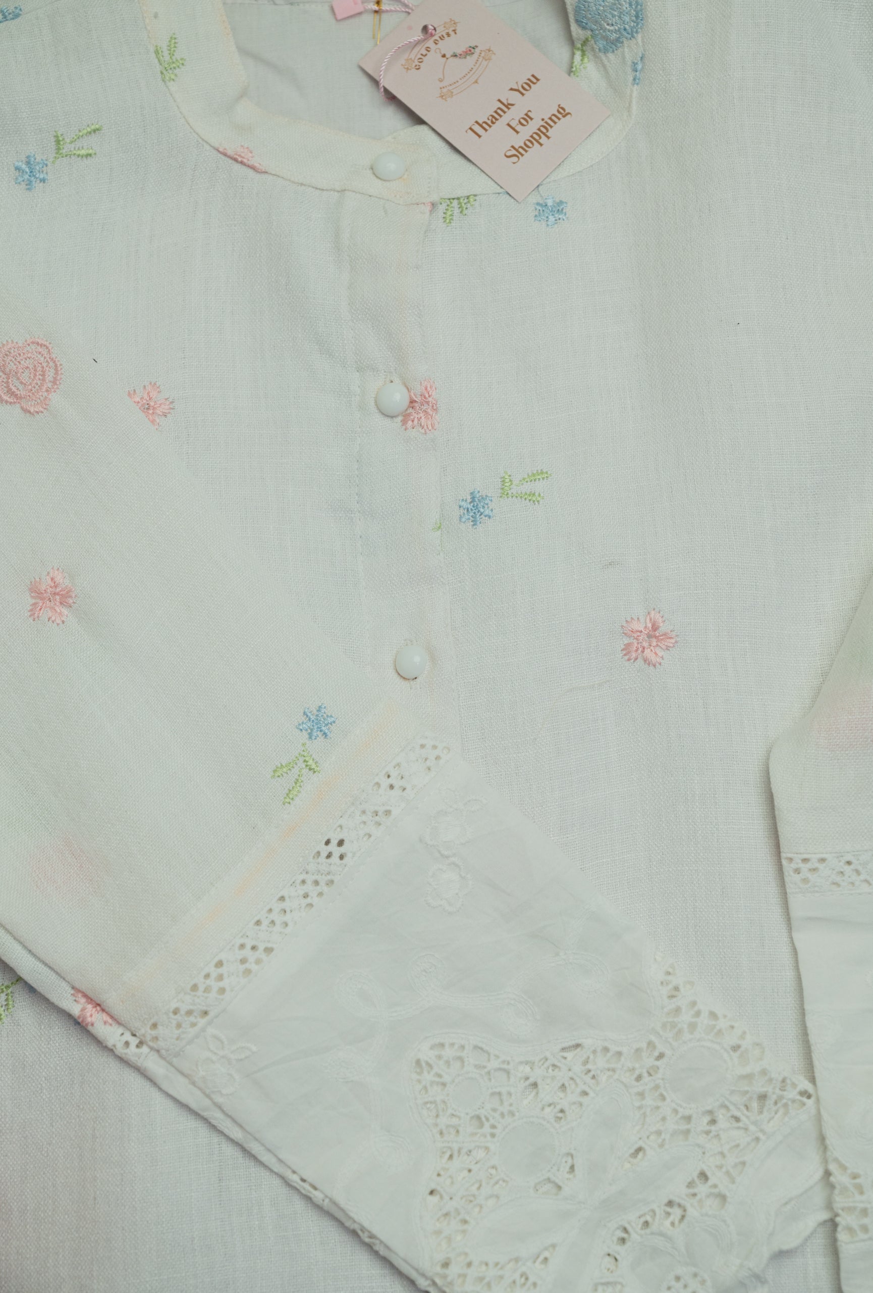 White Pastel Floral Embroidered Cotton Shirt