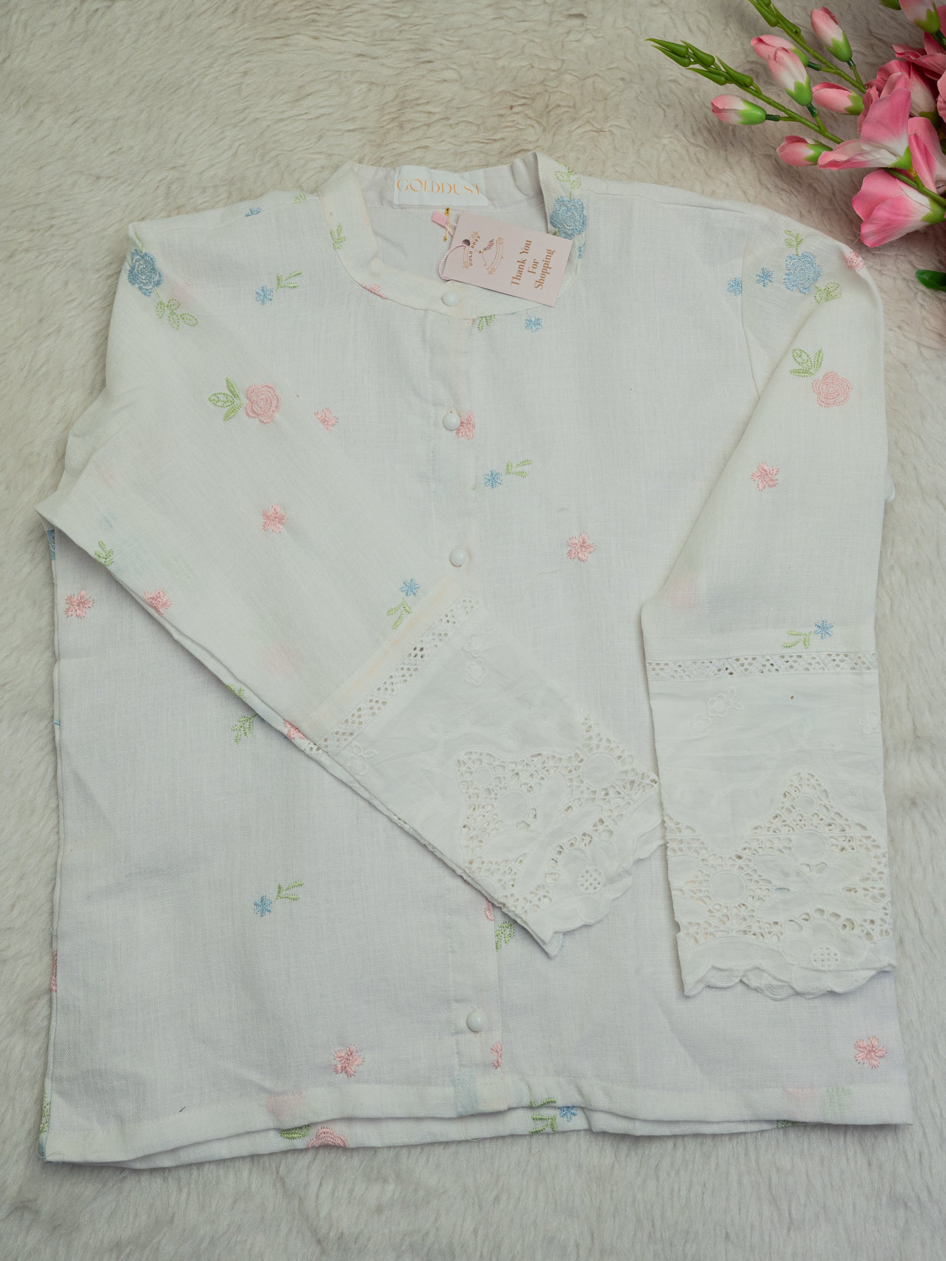 White Pastel Floral Embroidered Cotton Shirt