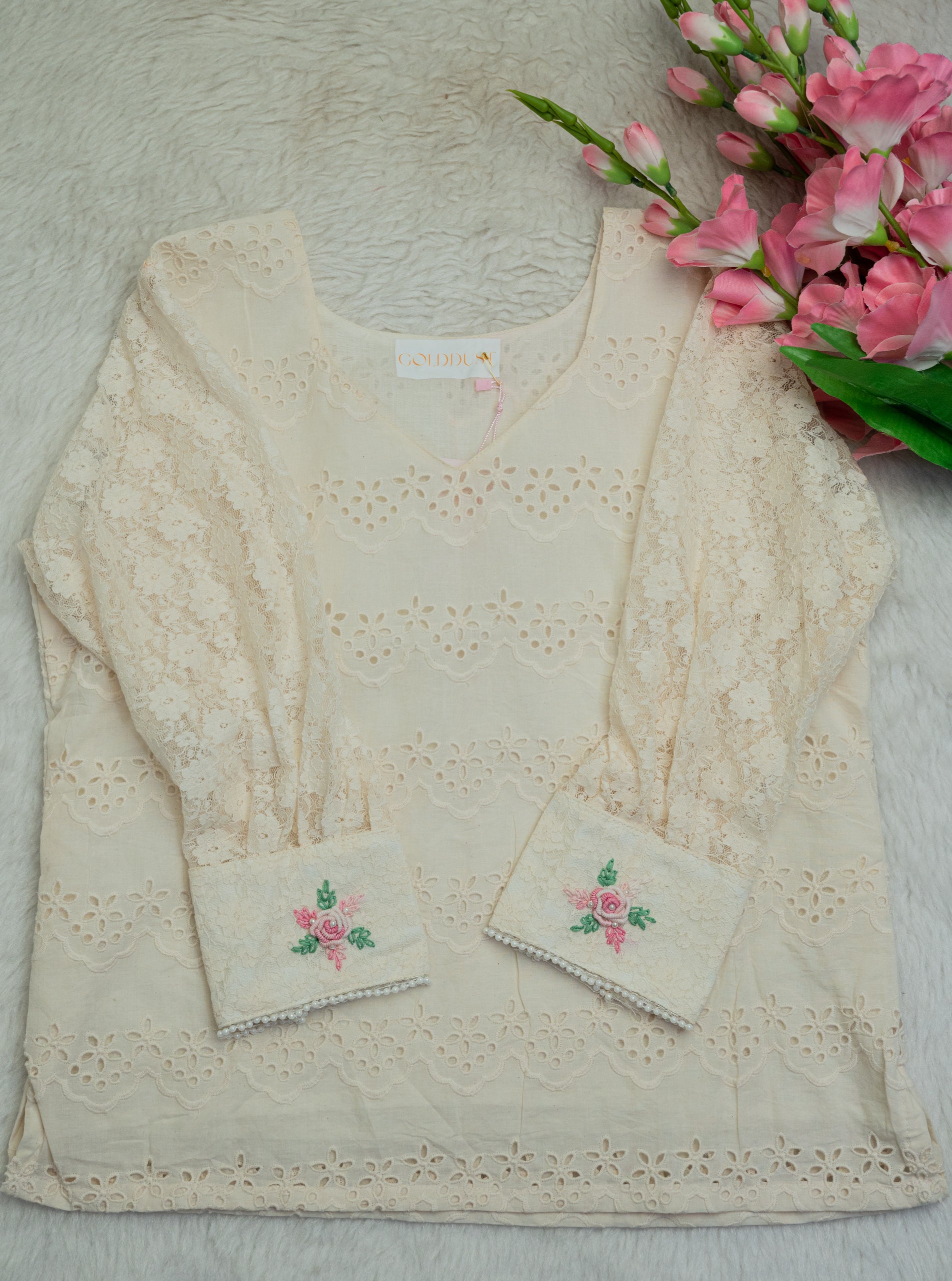 Ivory Floral Lace Embroidered Cotton Top